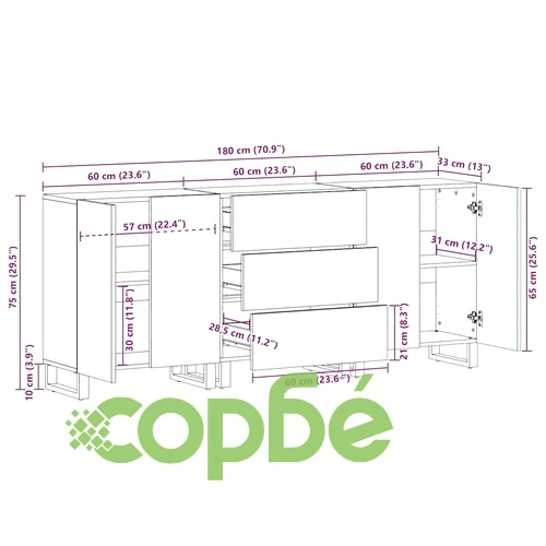 Служебен шкаф от 3 части, 60 x 33 x 75 cm, масивно мангово дърво, кафяв ➤ топ цена ➤ sorbe.bg