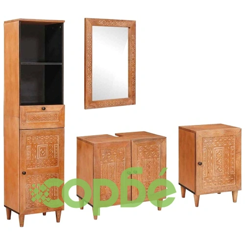 Комплект мебели за баня от масивно мангово дърво - 4 части, кафяв, 38 x 33 x 160 см ➤ топ цена ➤ sorbe.bg