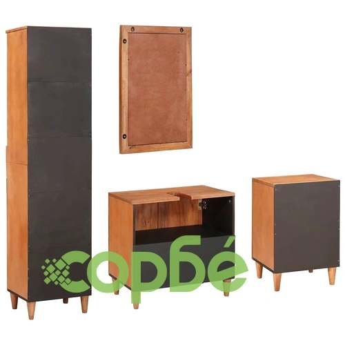 Комплект мебели за баня от масивно мангово дърво - 4 части, кафяв, 38 x 33 x 160 см ➤ топ цена ➤ sorbe.bg