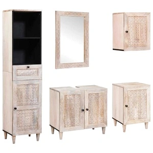 Комплект мебели за баня от масивно мангово дърво, 5 части, бял, 38 x 33 x 160 см