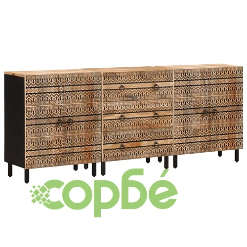 Комплект от 3 бюфета от масивно манго дърво с метална рамка ➤ топ цена ➤ sorbe.bg