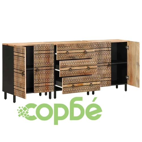 Комплект от 3 бюфета от масивно манго дърво с метална рамка ➤ топ цена ➤ sorbe.bg