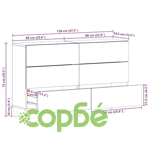 Комплект от 2 Шкафа от Масивно Манго Дърво, 60x33,5x75 см, с 3 Чекмеджета ➤ топ цена ➤ sorbe.bg