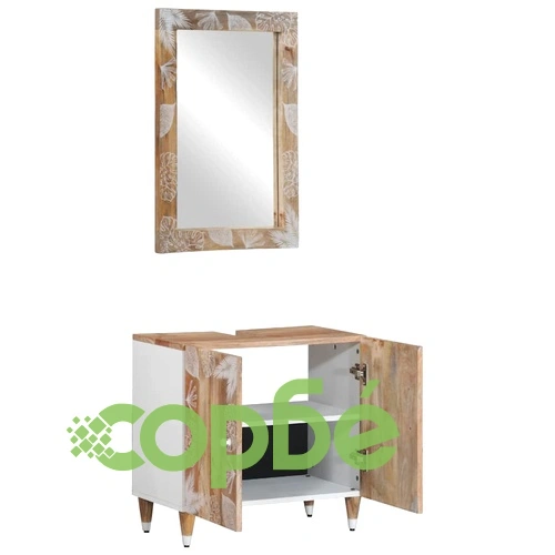 Луксозен комплект мебели за баня от масивна мангова дървесина, 2 части - шкаф с мивка и огледало ➤ топ цена ➤ sorbe.bg