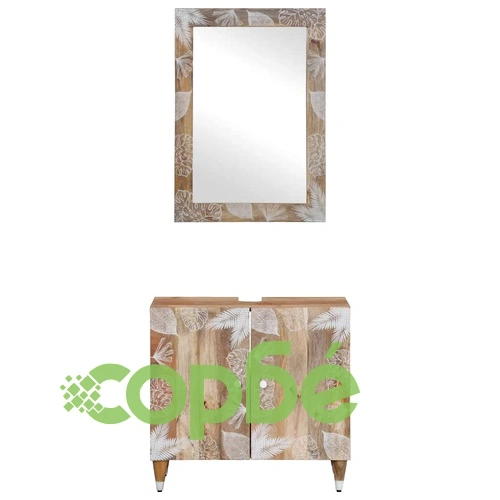 Луксозен комплект мебели за баня от масивна мангова дървесина, 2 части - шкаф с мивка и огледало ➤ топ цена ➤ sorbe.bg