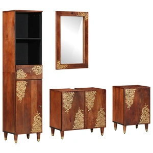 4 части комплект мебели за баня от масивно мангово дърво - Шкаф за мивка 62x33x58 см, Огледало 50x70x3 см, Страничен шкаф 38x33x160 см, Шкаф за баня 38x33x58 см