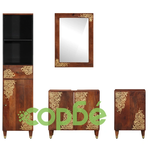 4 части комплект мебели за баня от масивно мангово дърво - Шкаф за мивка 62x33x58 см, Огледало 50x70x3 см, Страничен шкаф 38x33x160 см, Шкаф за баня 38x33x58 см ➤ топ цена ➤ sorbe.bg