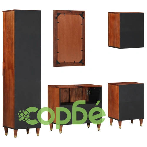 Комплект мебели за баня от 5 части от масивно мангово дърво - шкаф 62x33x58 см, огледало 50x70x3 см, странично шкафче 38x33x160 см, шкаф 38x33x58 см и стенен шкаф 38x33x48 см ➤ топ цена ➤ sorbe.bg