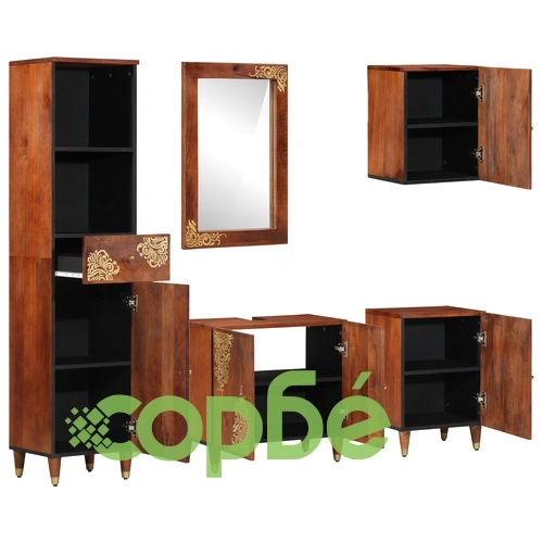 Комплект мебели за баня от 5 части от масивно мангово дърво - шкаф 62x33x58 см, огледало 50x70x3 см, странично шкафче 38x33x160 см, шкаф 38x33x58 см и стенен шкаф 38x33x48 см ➤ топ цена ➤ sorbe.bg