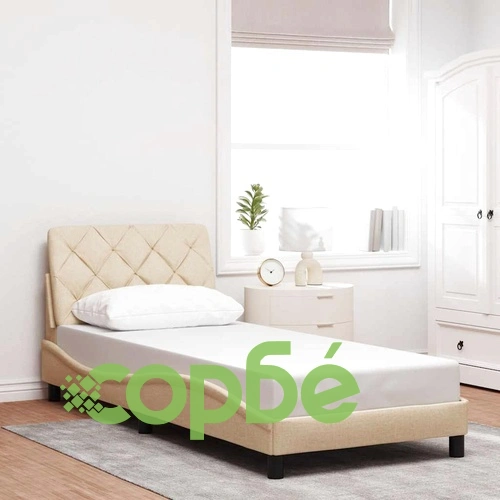 Елегантна рамка за единично легло с тапицирана табла, 90x190 см, кремав плат, метална конструкция ➤ топ цена ➤ sorbe.bg