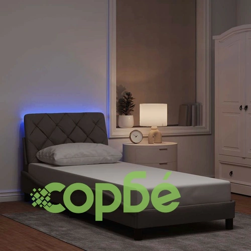 Елегантна рамка за легло с LED осветление, таупе, 90x200 см, полиестерен плат, метална конструкция ➤ топ цена ➤ sorbe.bg