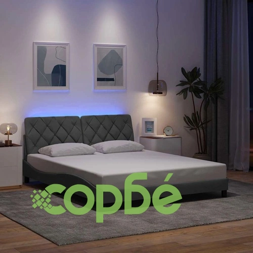 Луксозна рамка за легло от плат с LED осветление, 160x200 см, светлосива ➤ топ цена ➤ sorbe.bg