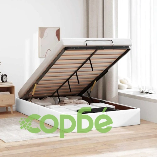 Рамка за легло с ракла 120x200 см, бяла, от изкуствена кожа, с хидравличен механизъм ➤ топ цена ➤ sorbe.bg