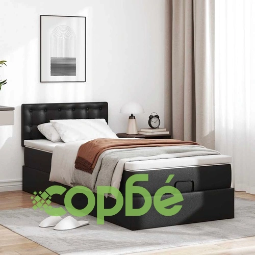 Легло тип Османка с матрак, 90x200 см, черна изкуствена кожа ➤ топ цена ➤ sorbe.bg