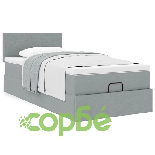 Единично легло тип османка с матрак и топер, светлосиво, 90x190 см, плат ➤ топ цена ➤ sorbe.bg