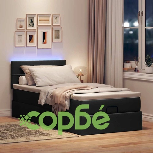 Легло тип Османка с матрак и LED осветление, черно, 80x200 см, полиестерен плат ➤ топ цена ➤ sorbe.bg