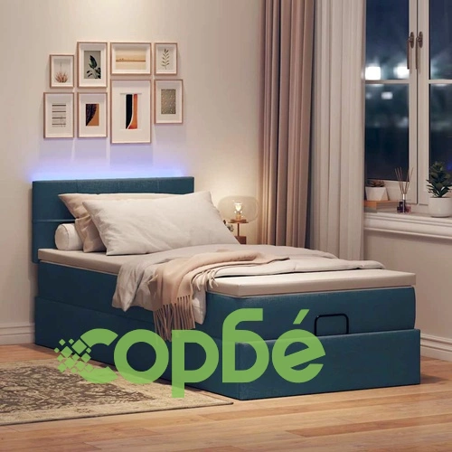 Османско легло с матрак и LED осветление, 90x190 см, син плат ➤ топ цена ➤ sorbe.bg