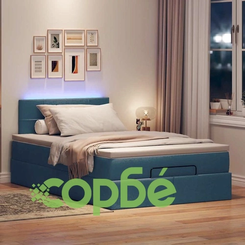 Османско легло с матрак и LED осветление, синьо, 120x190 см, плат ➤ топ цена ➤ sorbe.bg