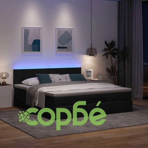 Османско легло с матрак и LED осветление, черно, 160x200 см, текстилна тапицерия ➤ топ цена ➤ sorbe.bg