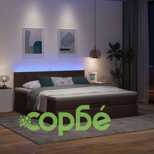 Луксозно османско легло с матрак и LED осветление, тъмнокафяво, 160x200 см, плат ➤ топ цена ➤ sorbe.bg