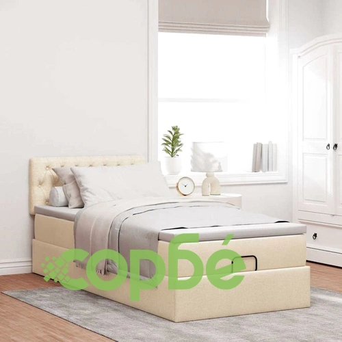 Османско легло с матрак и LED осветление, 100x200 см, кремав плат ➤ топ цена ➤ sorbe.bg