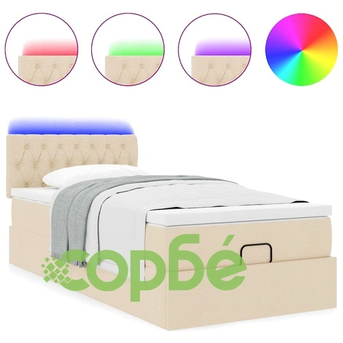 Османско легло с матрак и LED осветление, 100x200 см, кремав плат ➤ топ цена ➤ sorbe.bg