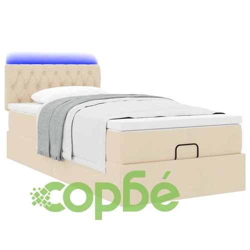 Османско легло с матрак и LED осветление, 100x200 см, кремав плат ➤ топ цена ➤ sorbe.bg