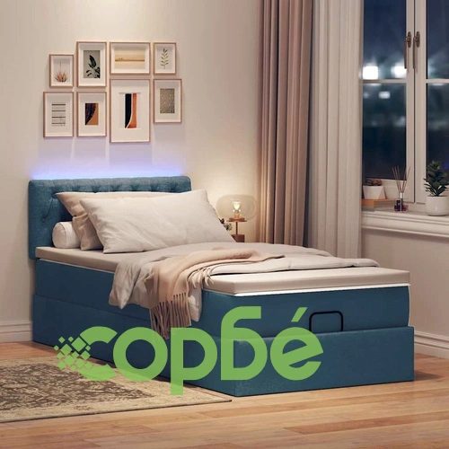 Легло тип Османска с матрак, топ матрак и LED осветление, 100x200 см, син плат ➤ топ цена ➤ sorbe.bg