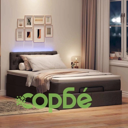 Легло с османски механизъм, матрак и LED осветление, 120x200 см, тъмнокафяв плат ➤ топ цена ➤ sorbe.bg