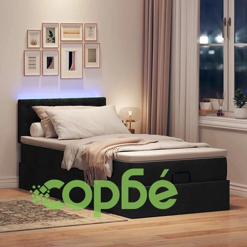 Легло тип Османка с матрак и LED осветление, черно, 80x200 см, полиестерен плат ➤ топ цена ➤ sorbe.bg