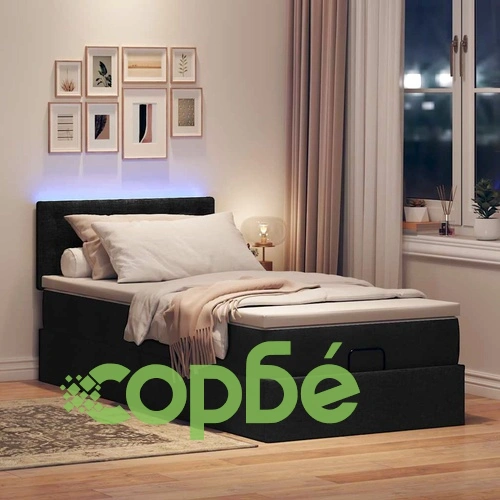 Легло тип Османска с матрак, LED осветление, черен плат, 90x190 см ➤ топ цена ➤ sorbe.bg