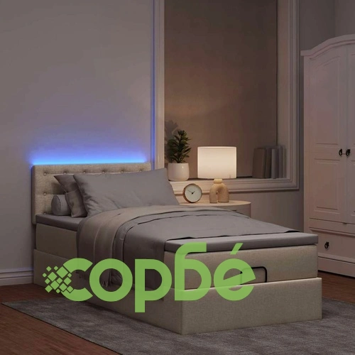 Османско легло с матрак и LED осветление, 90x190 см, кремав плат ➤ топ цена ➤ sorbe.bg