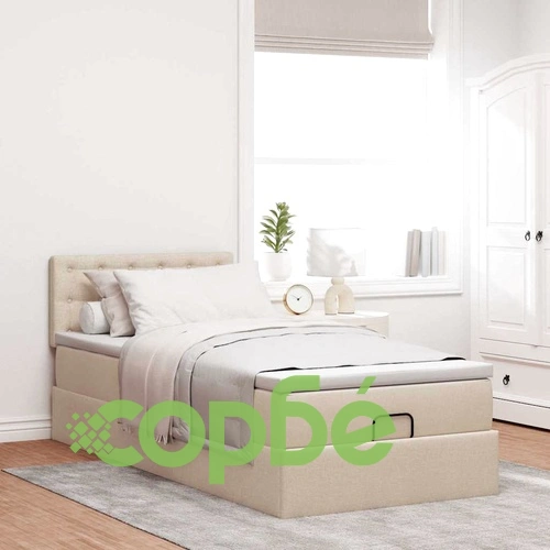 Османско легло с матрак и LED осветление, 90x190 см, кремав плат ➤ топ цена ➤ sorbe.bg