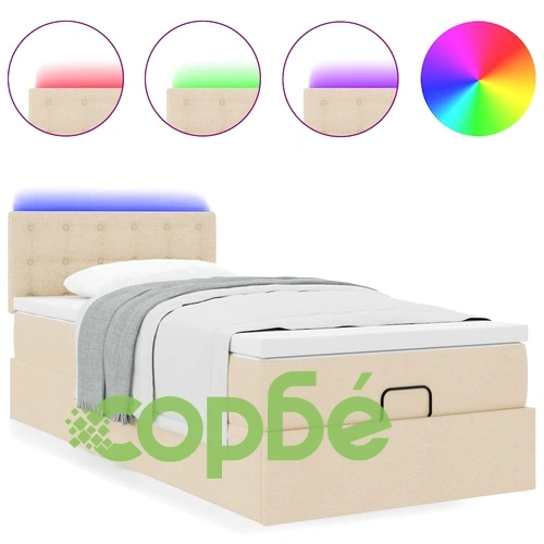 Османско легло с матрак и LED осветление, 90x190 см, кремав плат ➤ топ цена ➤ sorbe.bg