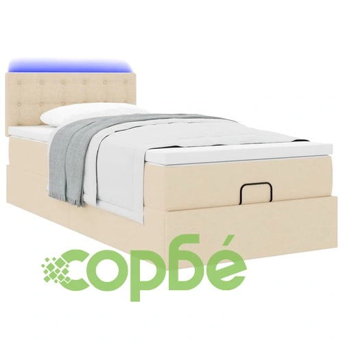 Османско легло с матрак и LED осветление, 90x190 см, кремав плат ➤ топ цена ➤ sorbe.bg