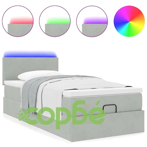 Османско легло с матрак и LED осветление, 80x200 см, светлосиво кадифе ➤ топ цена ➤ sorbe.bg
