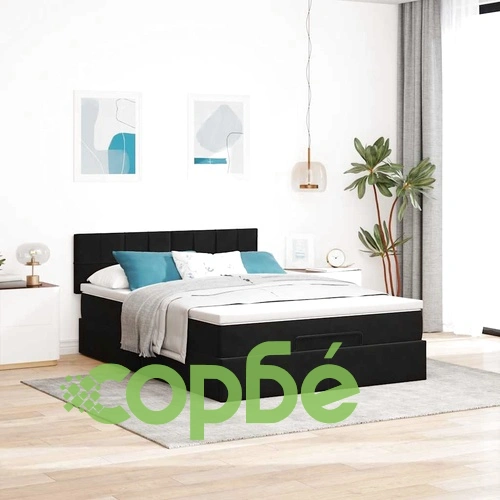 Луксозно османско легло с матрак и LED осветление, 140x200 см, черно кадифе ➤ топ цена ➤ sorbe.bg