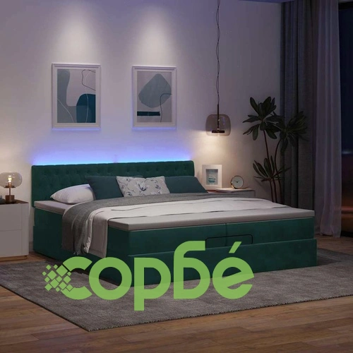 Луксозно османско легло с матраци и LED осветление, 200x200 см, тъмнозелено кадифе ➤ топ цена ➤ sorbe.bg