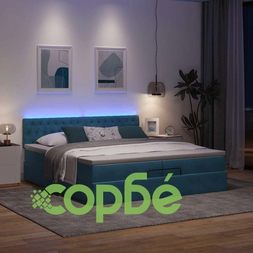 Луксозно османско легло с 2 матрака и LED осветление, 200x200 см, тъмносиньо кадифе ➤ топ цена ➤ sorbe.bg