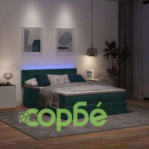 Луксозно Османско Легло с Матрак и LED Осветление, 140x190 см, Тъмнозелено Кадифе ➤ топ цена ➤ sorbe.bg