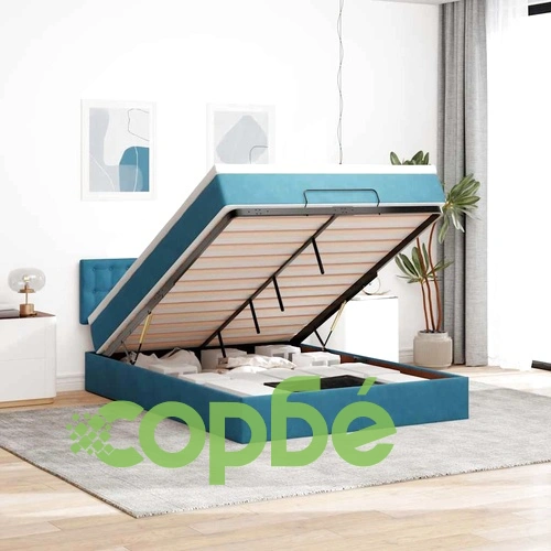 Луксозно османско легло с матрак и LED осветление, 140x200 см, тъмносиньо кадифе ➤ топ цена ➤ sorbe.bg