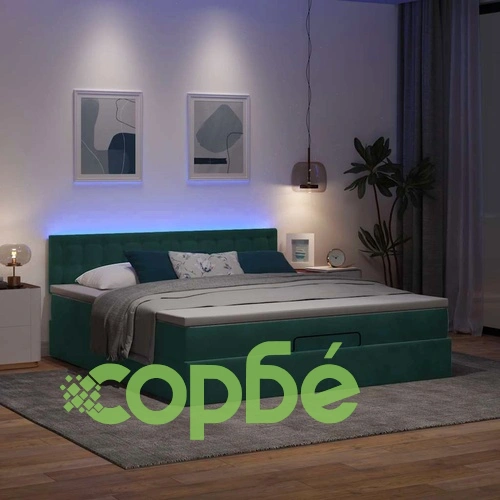 Луксозно Османско Легло с Матрак и LED Осветление, Тъмнозелено Кадифе, 160x200 см ➤ топ цена ➤ sorbe.bg