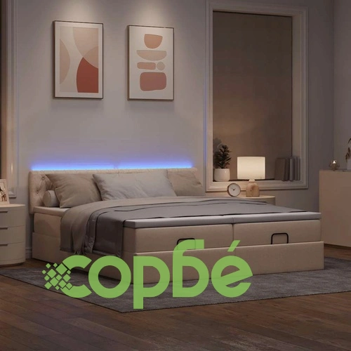 Османска спалня с LED осветление 180x200 см, кремава, текстилна с матраци ➤ топ цена ➤ sorbe.bg
