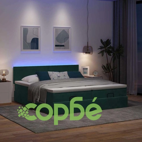 Османска спалня с матраци и LED осветление, 200x200 см, тъмнозелено кадифе ➤ топ цена ➤ sorbe.bg