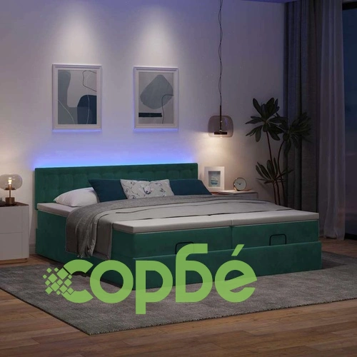 Луксозно Османско Легло с Матраци и LED Осветление, Тъмнозелено Кадифе, 160x200 см ➤ топ цена ➤ sorbe.bg