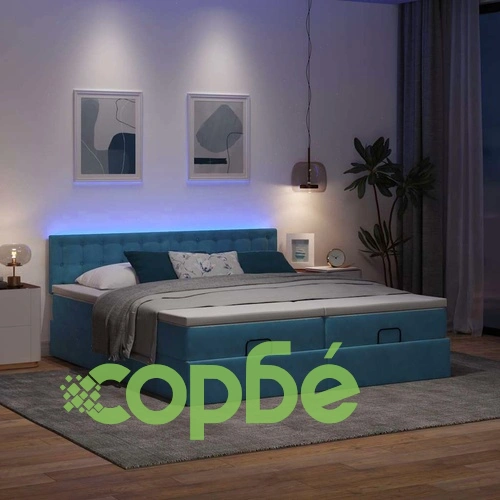 Луксозно османско легло с матраци и LED осветление, 160x200 см, тъмносиньо кадифе ➤ топ цена ➤ sorbe.bg