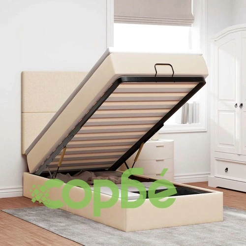 Османско легло с матрак и място за съхранение, кремаво, 90x200 см, полиестерен плат ➤ топ цена ➤ sorbe.bg