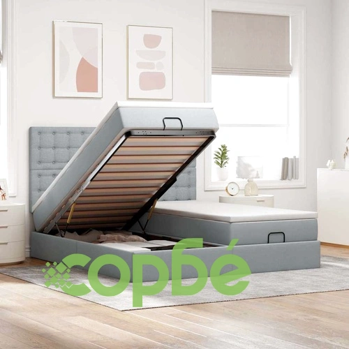 Османска спалня с матраци 200x200 см, светлосив плат, с място за съхранение ➤ топ цена ➤ sorbe.bg