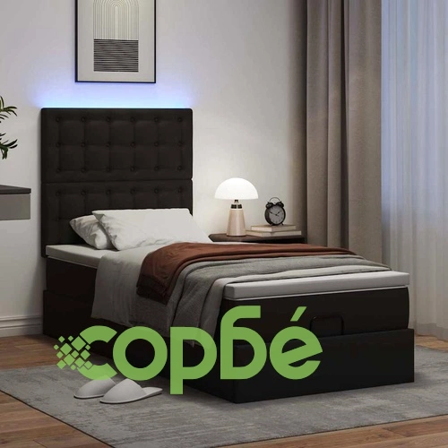 Легло тип Османска с матрак, LED осветление, 90x190 см, черна изкуствена кожа ➤ топ цена ➤ sorbe.bg