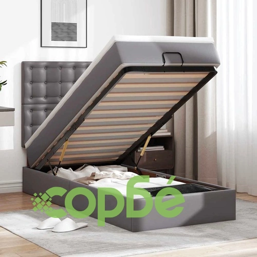 Османско легло с матрак и LED осветление, 90x200 см, сива изкуствена кожа ➤ топ цена ➤ sorbe.bg